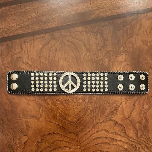 Leather Black and Silver Studded Peace Bracelet - Picture 1 of 5